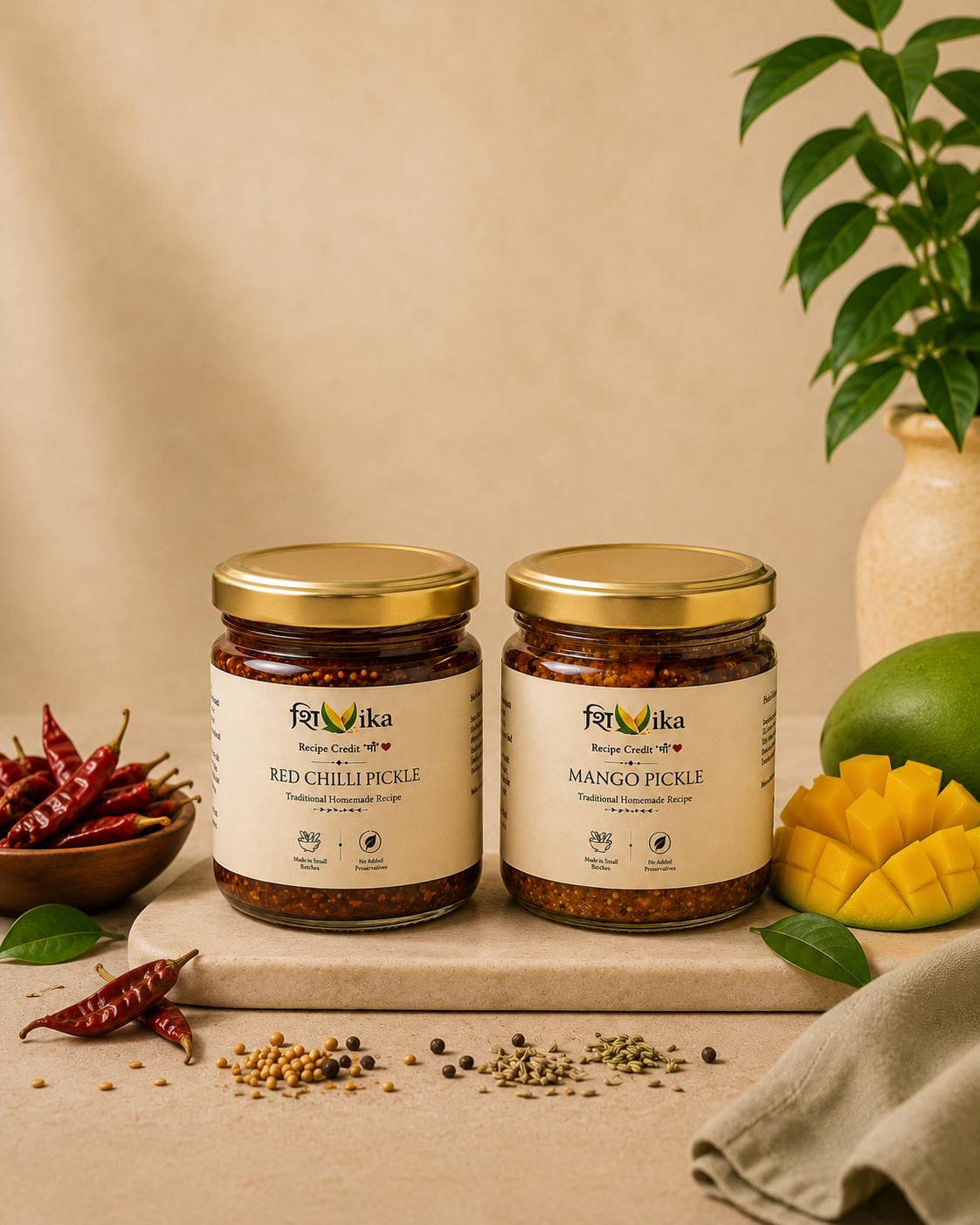 Rajasthani Mango Pickle & Diced Red Chilli Pickle Combo | No Preservative | Mustard Oil | Homemade